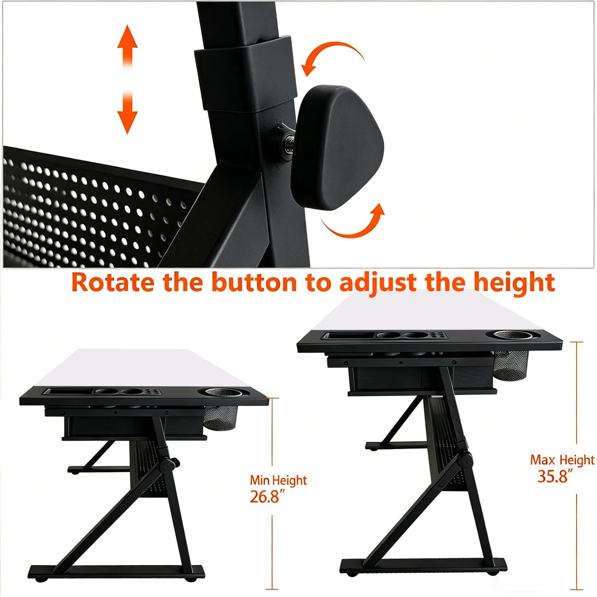 Height Adjustable Tilt Drafting Table with 2 Storage Drawers & Stool Brown