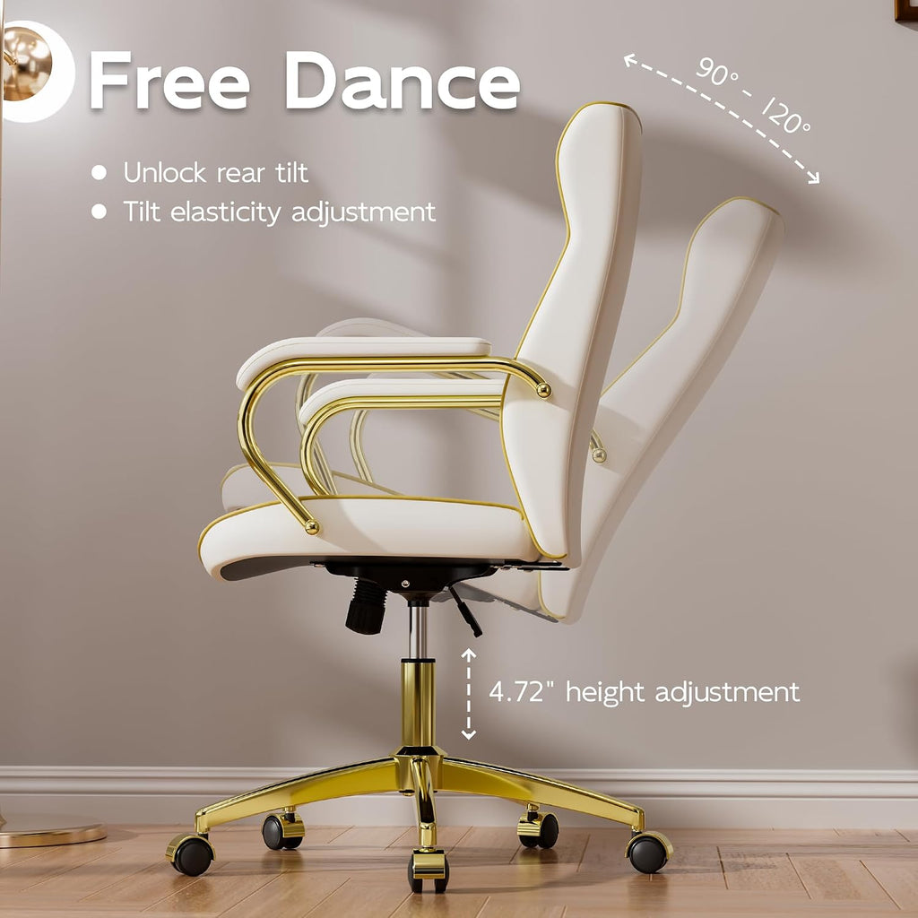 HomeZeer White and Gold Office Chair, Luxury Leather Executive Desk Chair