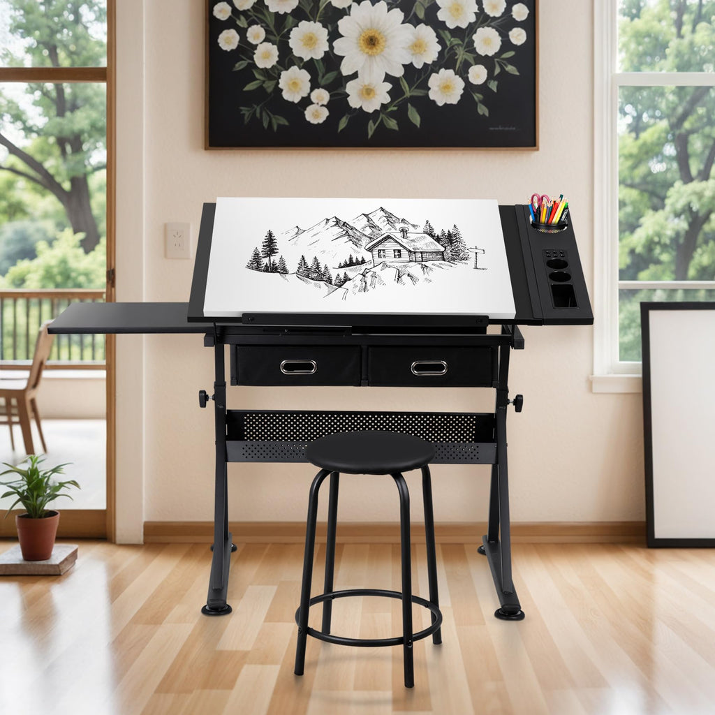 NOVA MICRODERMABRASION Adjustable Height Drafting Desk Drawing Table Tiltable Tabletop for Reading, Writing Art Craft w/Stool and Drawers
