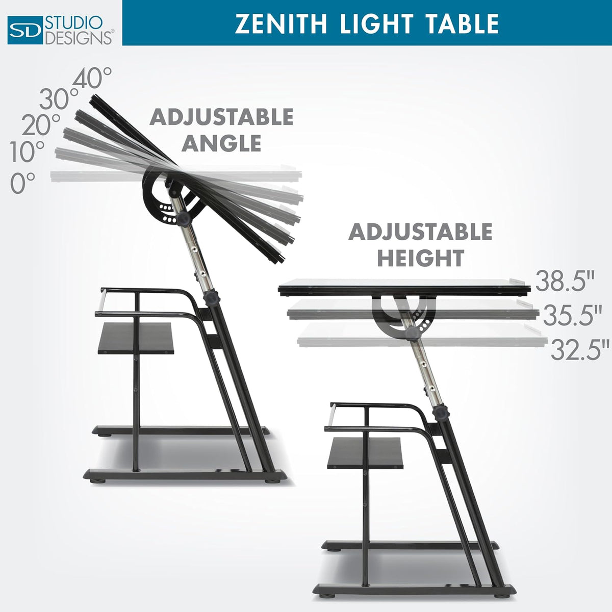 Studio Designs Zenith Drafting Light Table with Built-in ArtographÂ® LED Light Pad, Adjustable Height & Angle Glass Drafting Desk, Modern Artist Workstation for Drawing, Tracing, Drafting & Design