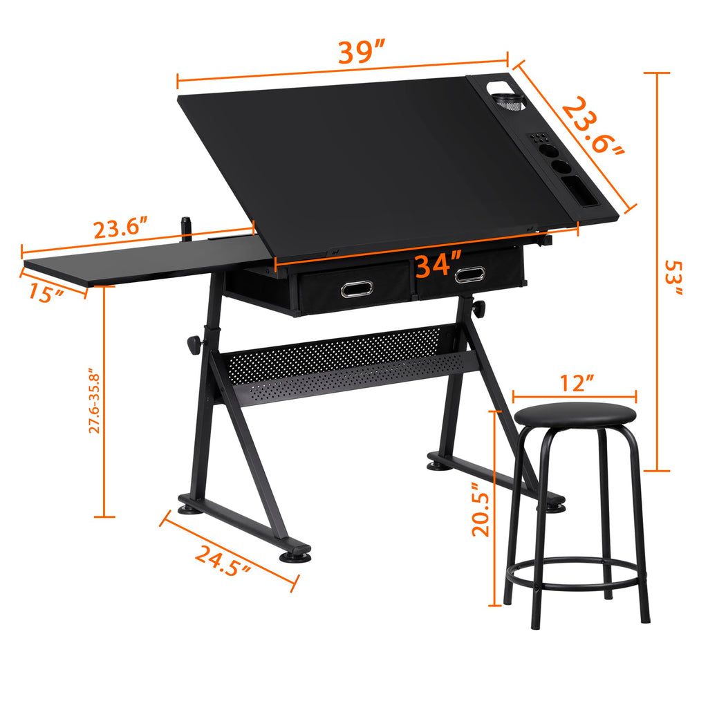 NOVA MICRODERMABRASION Adjustable Height Drafting Desk Drawing Table Tiltable Tabletop for Reading, Writing Art Craft w/Stool and Drawers