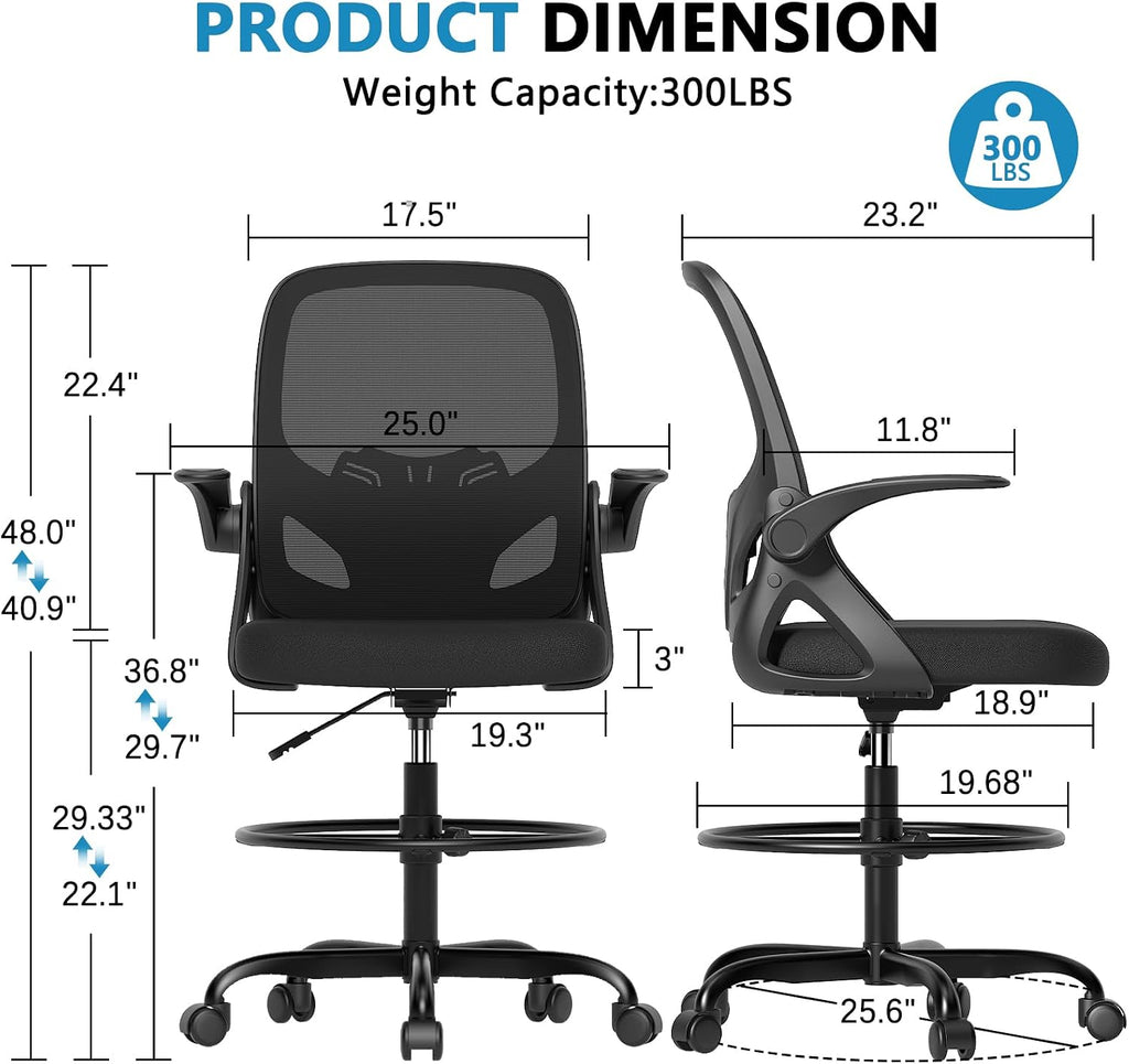 Kensaker Drafting Chair Tall Office Chair, Ergonomic Standing Desk Chair with Adjustable Foot Ring and Flip-up Armrests, Mesh Computer Chair for Art Studio, 300 LBS, Black