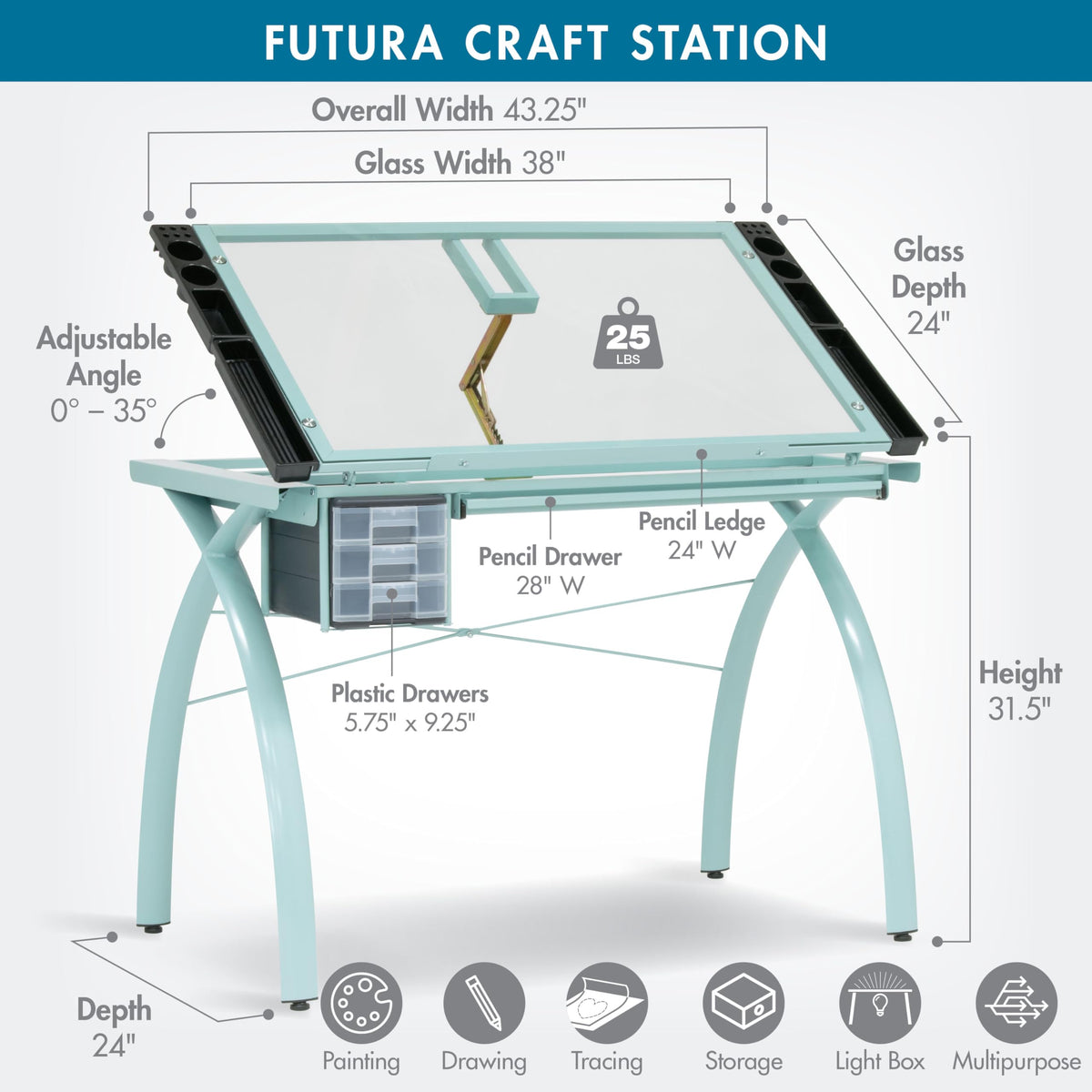 SD Studio Designs 10096 Futura Station with Folding Shelf Top Adjustable Drafting Craft Drawing Hobby Table Writing Studio Desk with Drawer, 35.5'' W x 23.75'' D, White/Clear Glass
