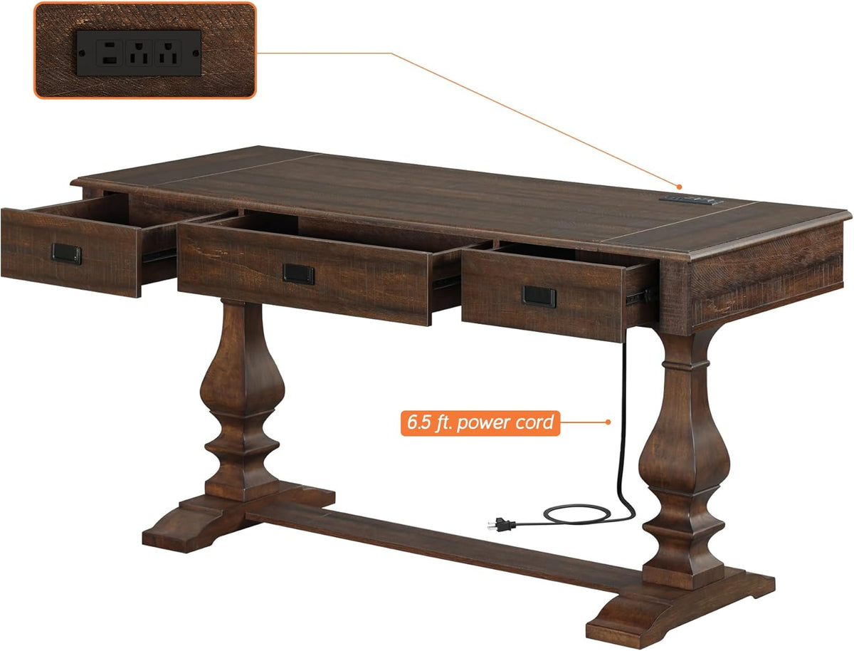 WAMPAT 60-inch Vintage Farmhouse Desk with Charging Station &3 Deep Drawers