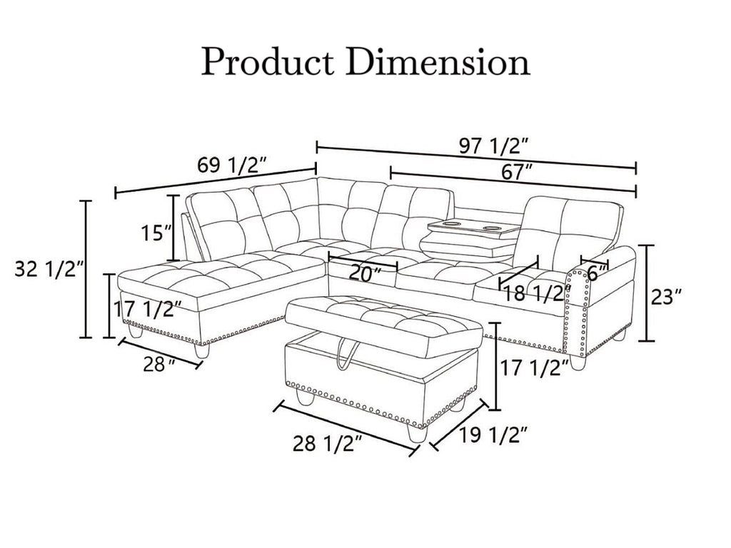 97.5" Leather L Shaped Couch with Left Chaise & Cup Holder, Sectional Sofas Modular Furniture Set with Storage Ottoman, Convertible Couches for Living Room, Office & Small Space (Black)
