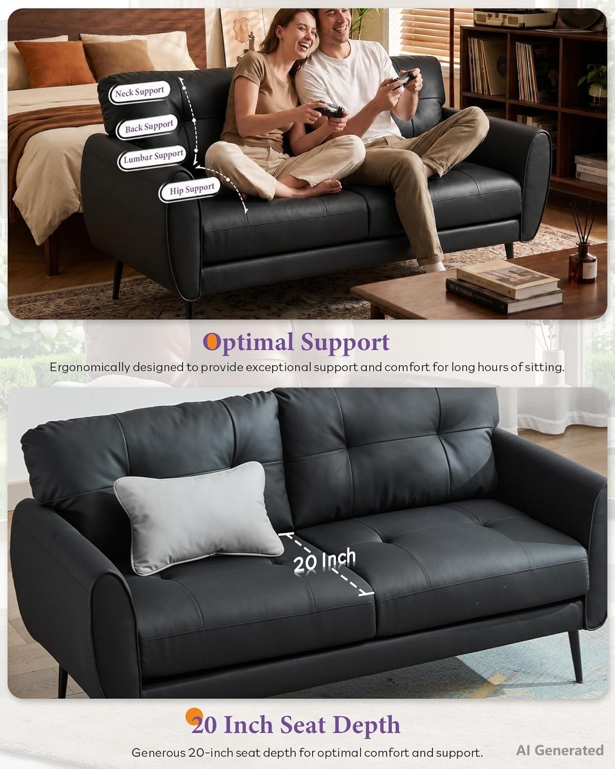 61'' Small Leather Loveseat and Chair, 3 Piece Living Room Sets, Black