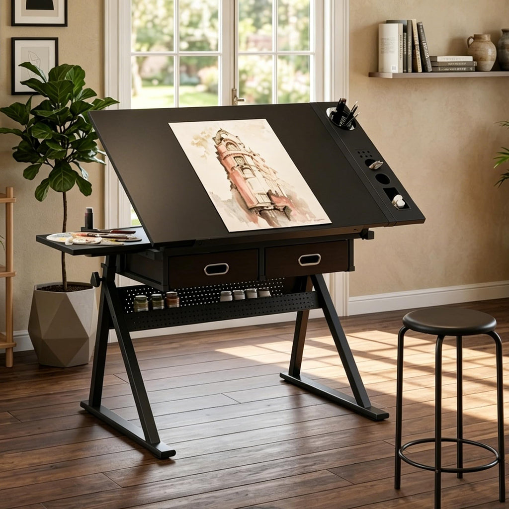 Height Adjustable Tilt Drafting Table with 2 Storage Drawers & Stool Brown