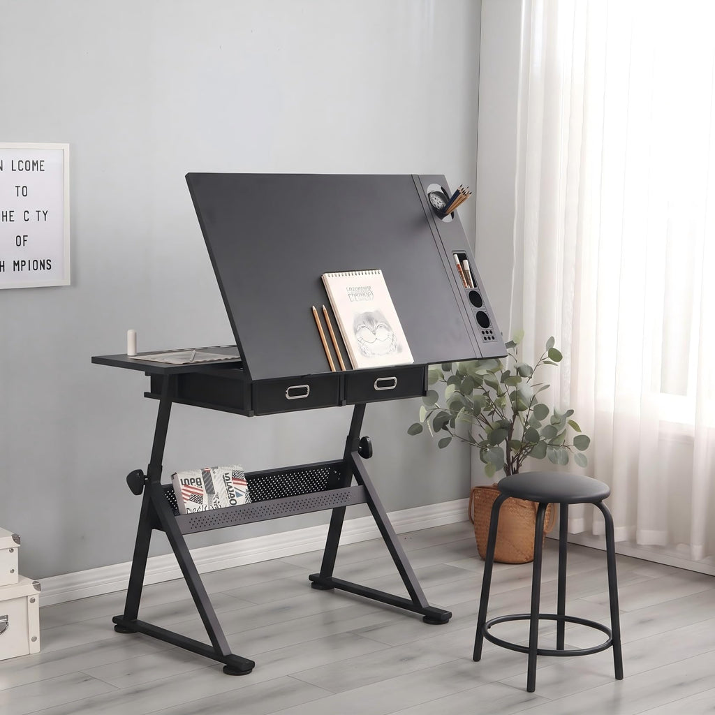 Adjustable Drawing Table with 3 Drawers & Stool, for Art & Work