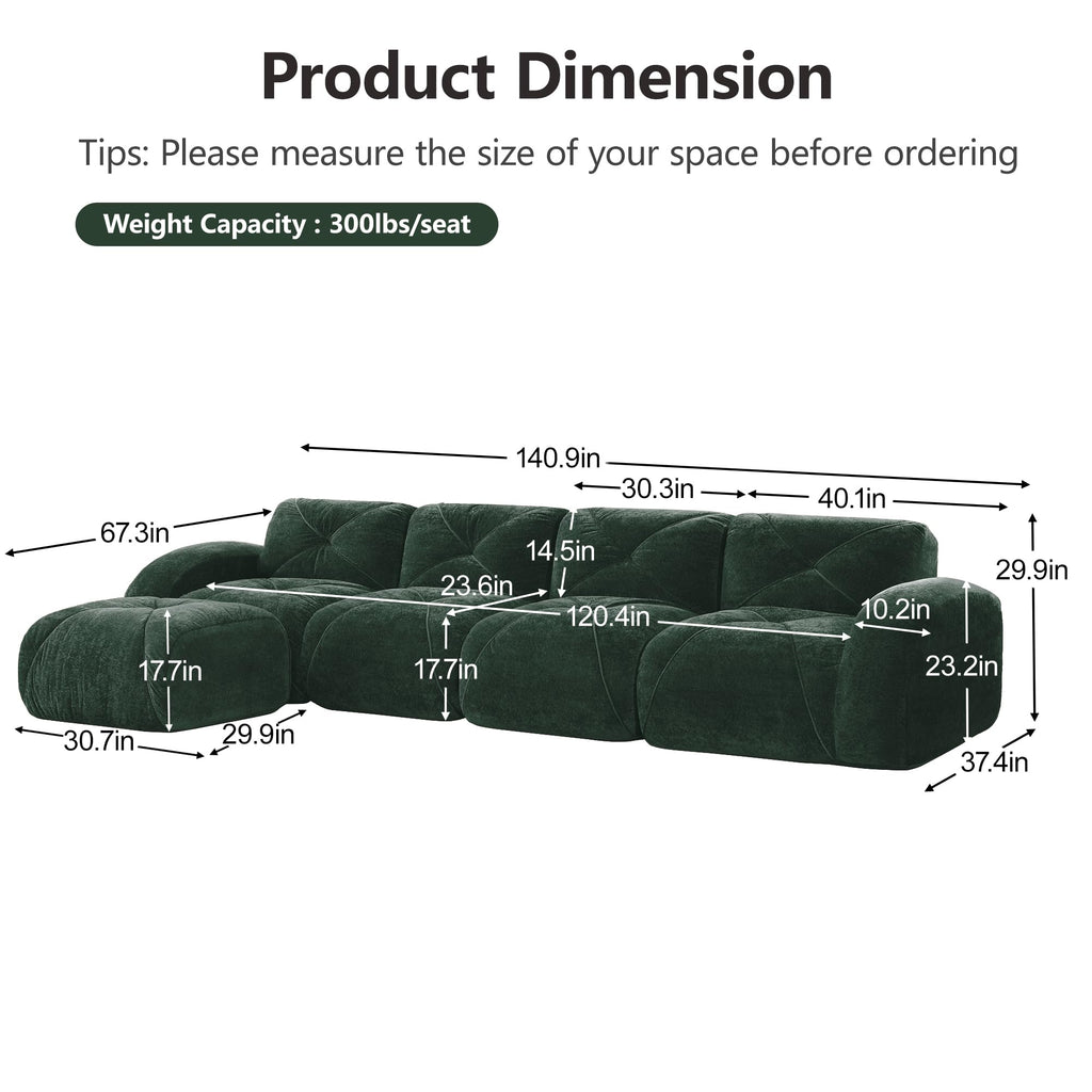 80" Sectional Modular Cloud Couch, Boneless Couch, Loveseat Red