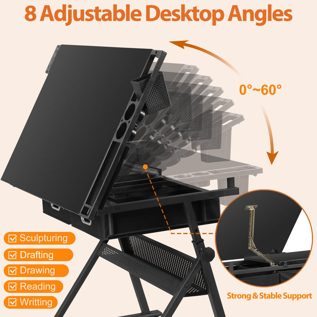 SUPER DEAL Drafting Table Set with Charging Station, Height Adjustable Tilting Drawing Desk Artist Desk with Stool Multifunctional Art Craft Workstation with 2 Storage Drawers for Home Office School