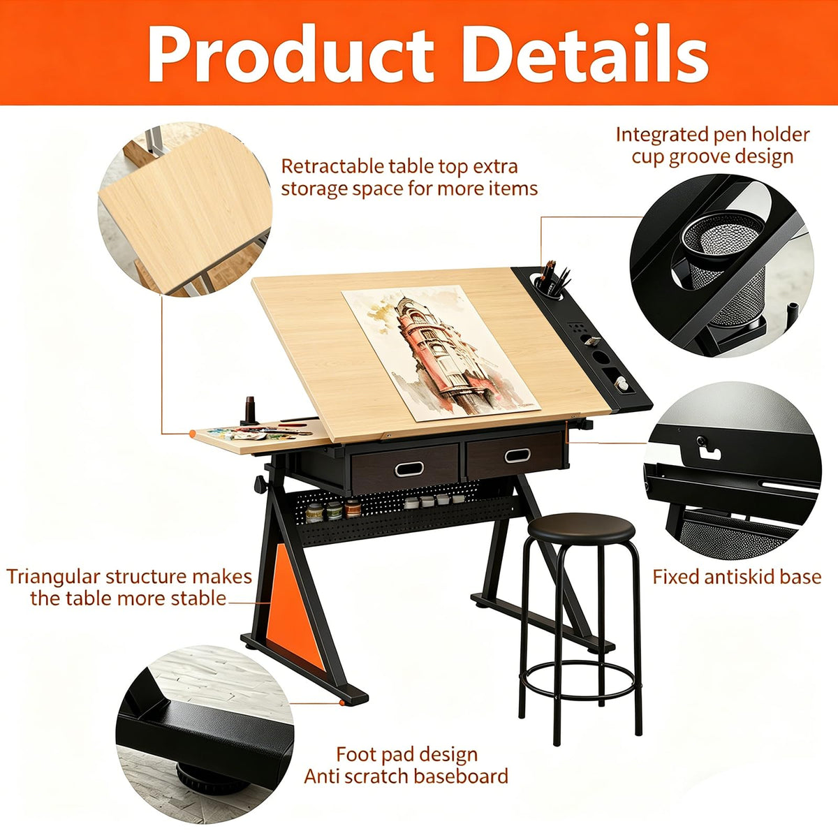 Height Adjustable Tilt Drafting Table with 2 Storage Drawers & Stool Brown