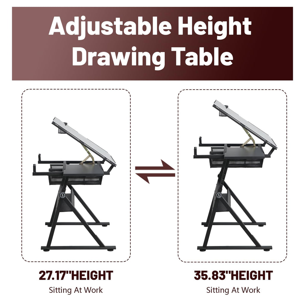 White Drafting Table with Stool, Height Adjustable Art Craft Desk with Tilting Tempered Glass Tabletop, Expansion Board, Multi-Storage, Drawing Table for Studio, Artists, Home Office, Painters, White