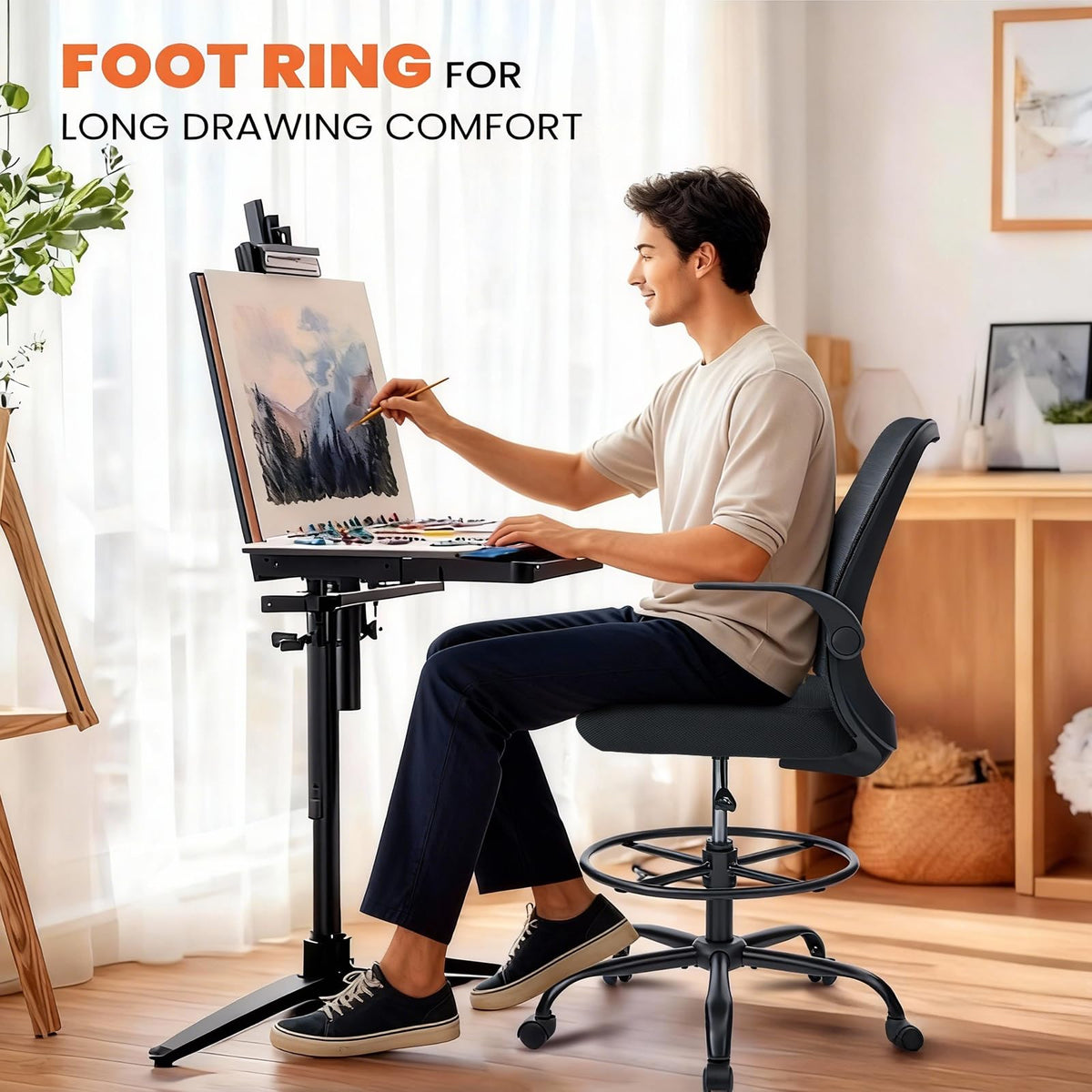 Drafting Chair Tall Office Chair for Standing Desk, Ergonomic Tall Desk Chair with Adjustable Foot Ring, Flip-Up Armrests, Lumbar Support, Swivel Rolling Task Chair for Home Office