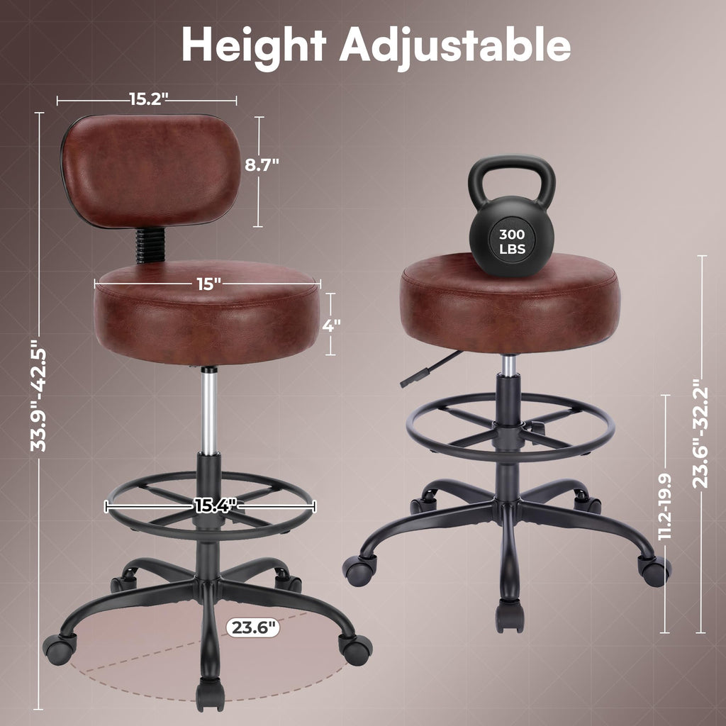 SUPERJARE Drafting Chair with Backrest, Adjustable Foot Rest Rolling Stool