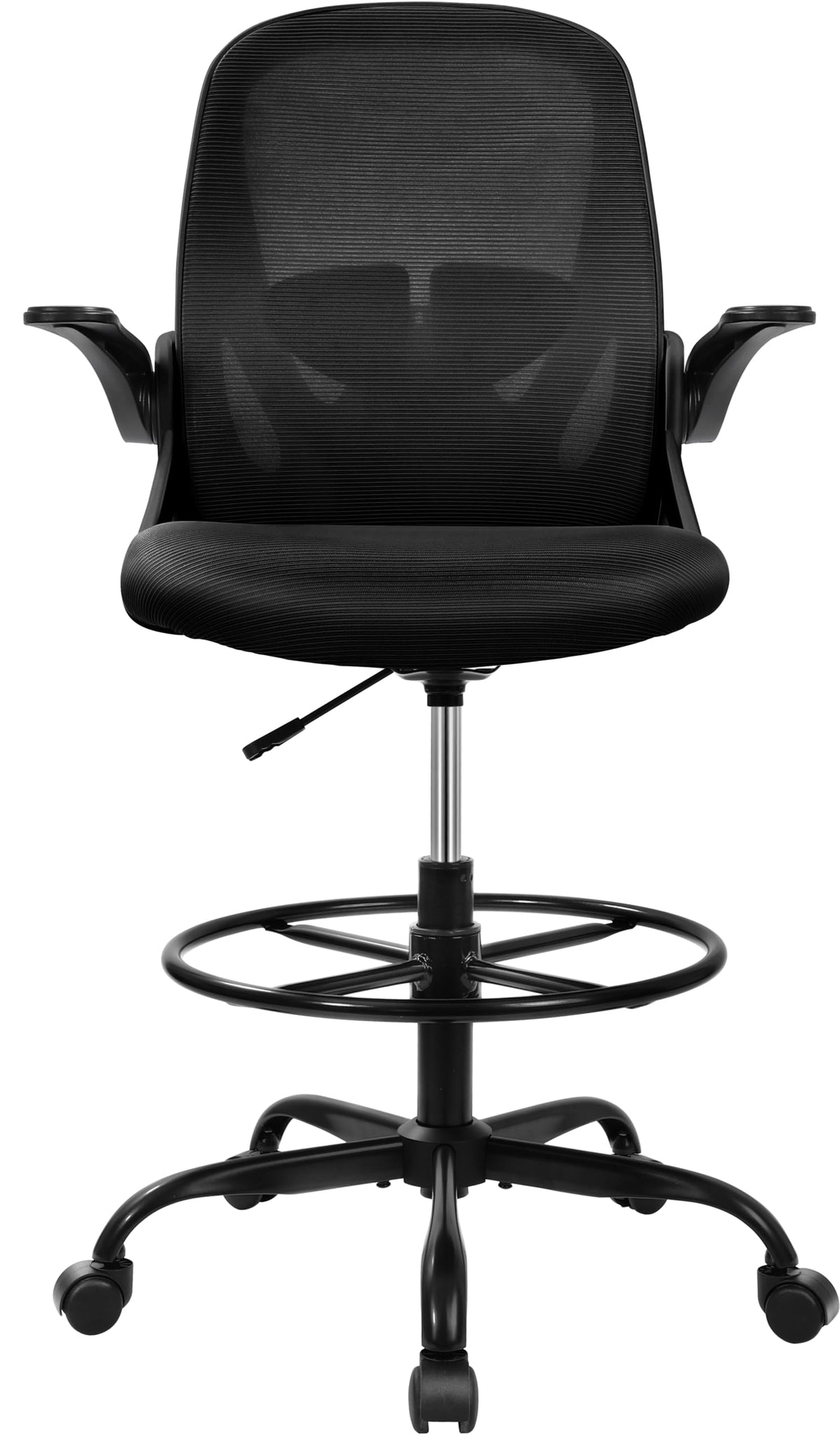 Drafting Chair Tall Office Chair with Flip-up Armrests, Adjustable Height, and Enhanced Lumbar Support - Ergonomic Rolling Stool, Back Support, and Adjustable Foot Rest Ring for Standing Desk White