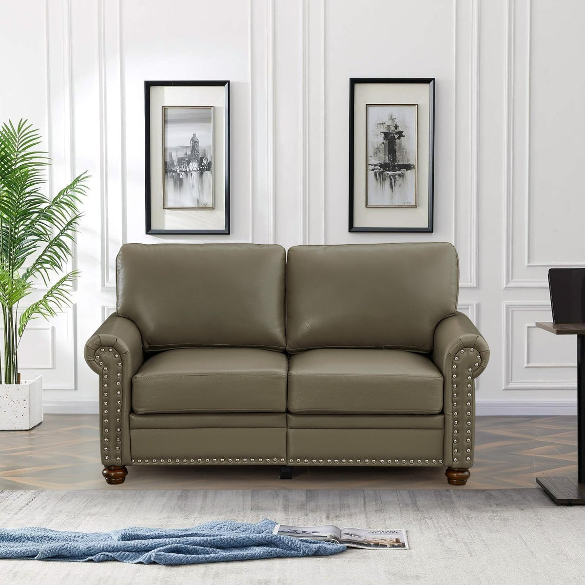 2 Piece Faux Leather Sofa Set,Modern Couch and Loveseat Sets with Storage,Mid Century Couch with Rivet Rolled Arm,Comfy Deep Seat Sofa,Furniture for Living Room,Office(Loveseat+3 Seater,Navy)