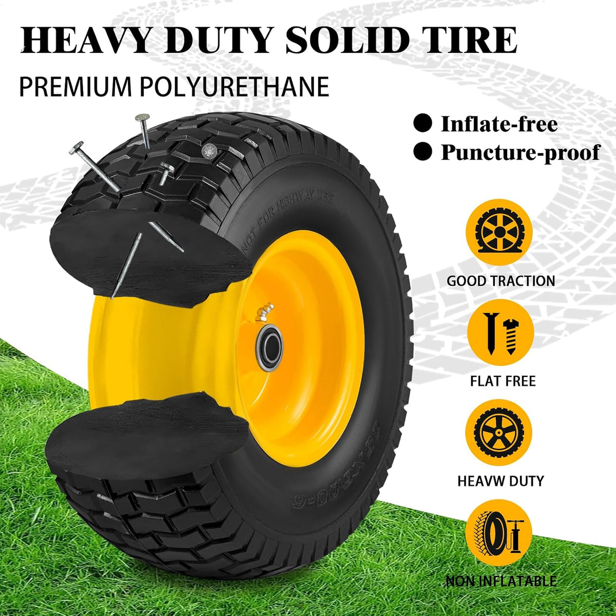 15x6.00-6 Flat Free Lawn Mower Tire Wheel 2PCS for John Deere Lawn Tractor