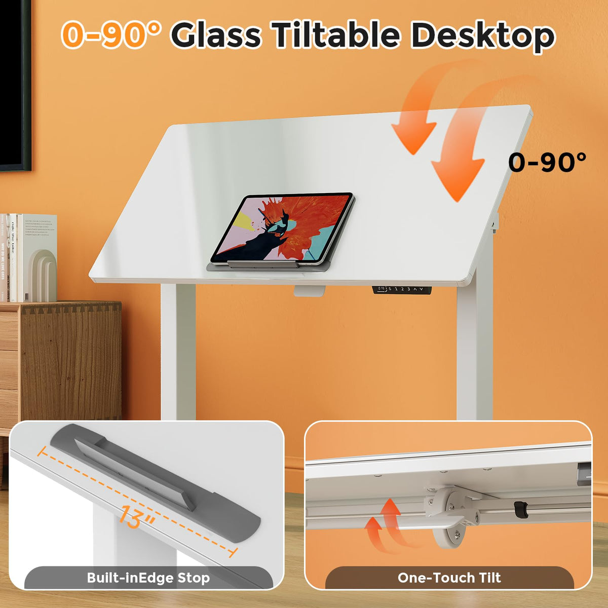 35" Glass Standing Desk, 90Â° Tilt Height Adjustable Drafting Table