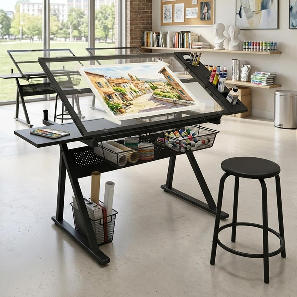 Adjustable Drafting Table, Tiltable Art Drawing Desk with 2 Storage Drawers & Stool, Multi-Functional Art Workstation for Artist Painting Craft Reading Writing (Black-B)
