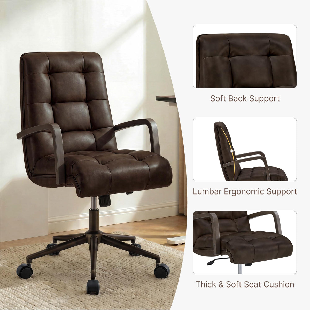 KISLOT Home Office Desk Chair, Ergonomic Office Chair with Lumbar Support, Adjustable Swivel Computer Chair with Wheels, Faux Leather Executive Task Chair with Wood Arms, Set of 2, Brown
