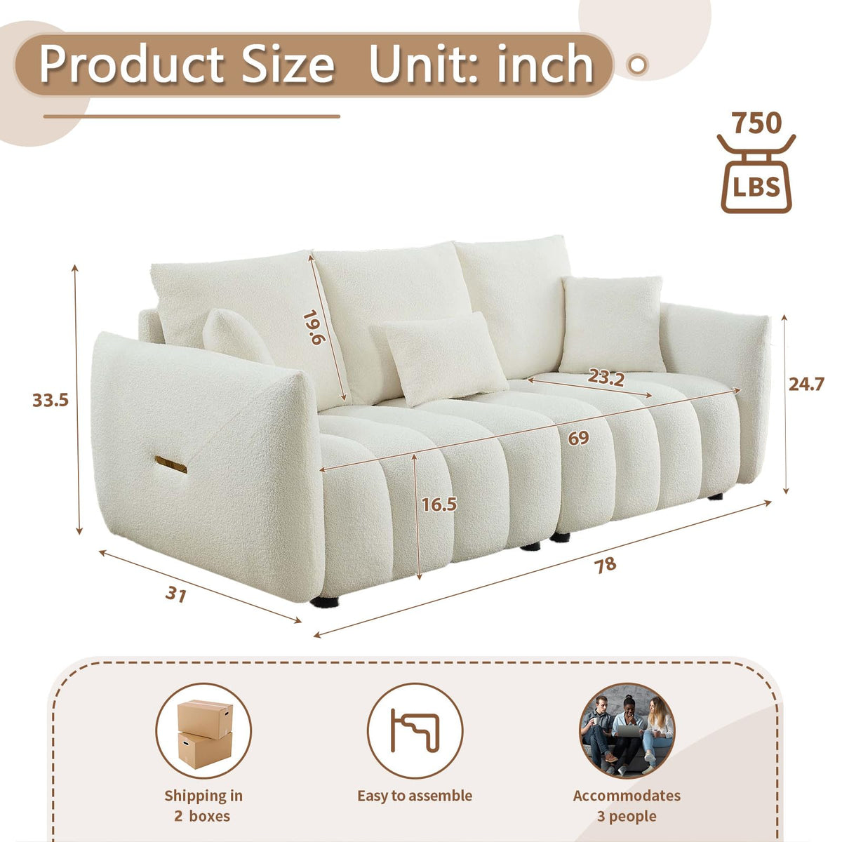 Antetek Teddy Fabric Sofa Set for Living Room, 2 Pieces Modern Deep Seat Oversized 3-Seater Cloud Boucle Couch for Bedroom, Office, Apartment, Furniture Set, 78-inch, Black (2 Pieces)