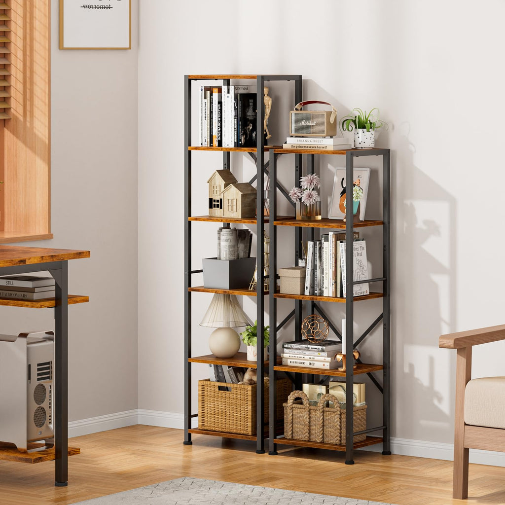 Furologee 5 Tier Book Shelf Set of 2, Tall Wide Bookshelf, Rustic Brown