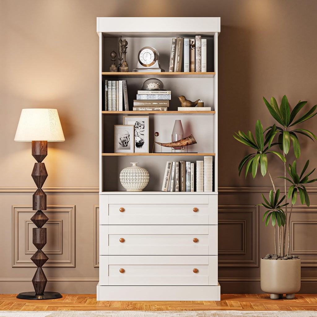 Vyre 71" Tall Farmhouse Bookshelves with Drawers, Set of 3 â Large Modular Bookcase with Adjustable Shelves, Storage Cabinet for Living Room, Kitchen, Home Office, Brown