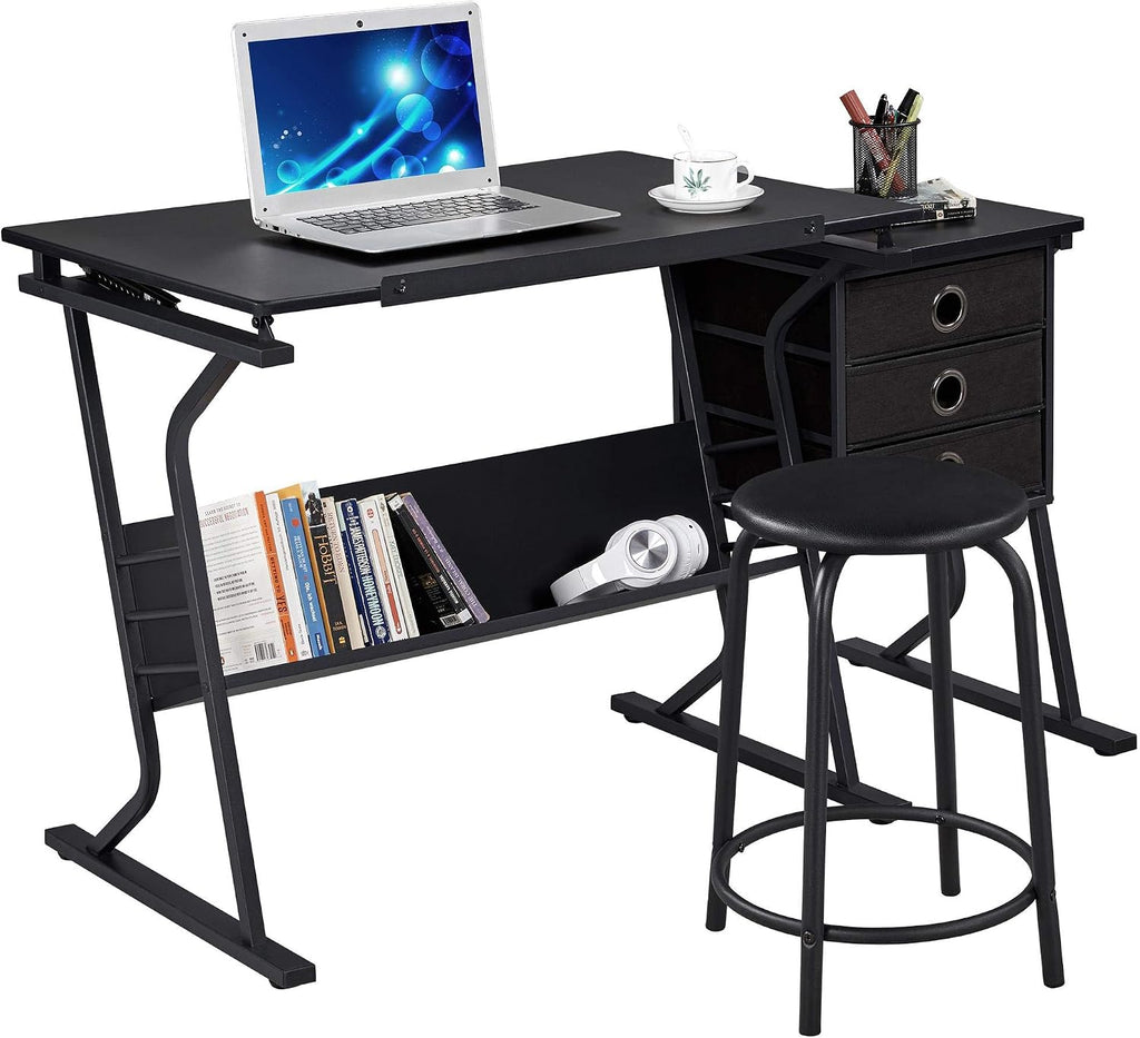 Yaheetech Tilting Drafting Table Art Craft Desk with Stool, Drawers, Black