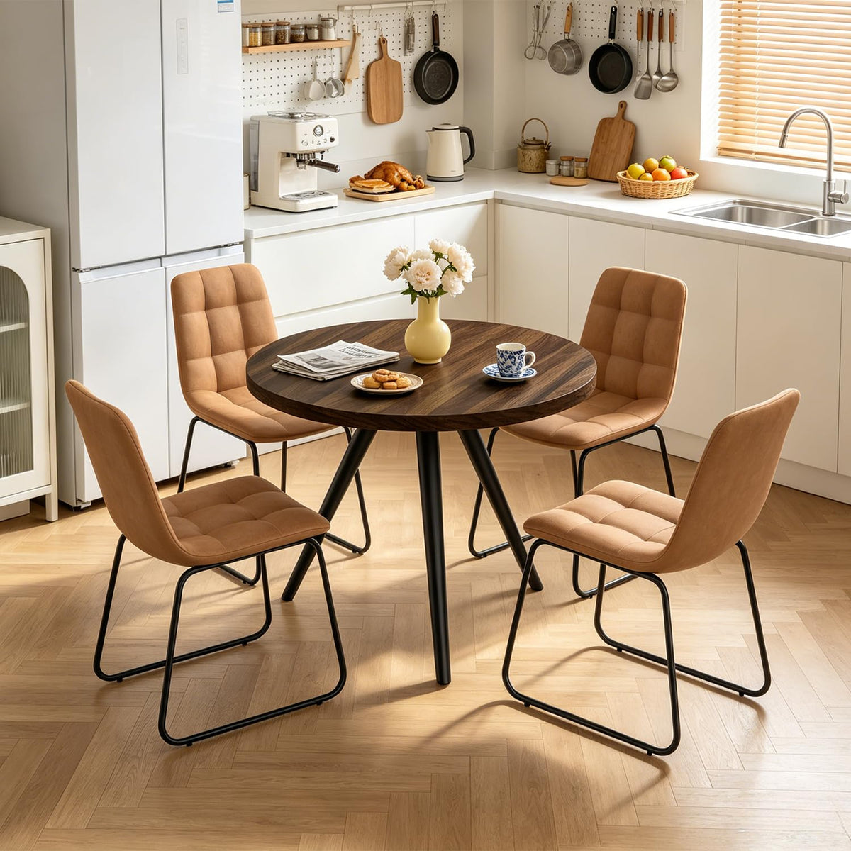 34.6" Round Dining Table Set for 4, Modern Kitchen Coffee Table Set, Walnut