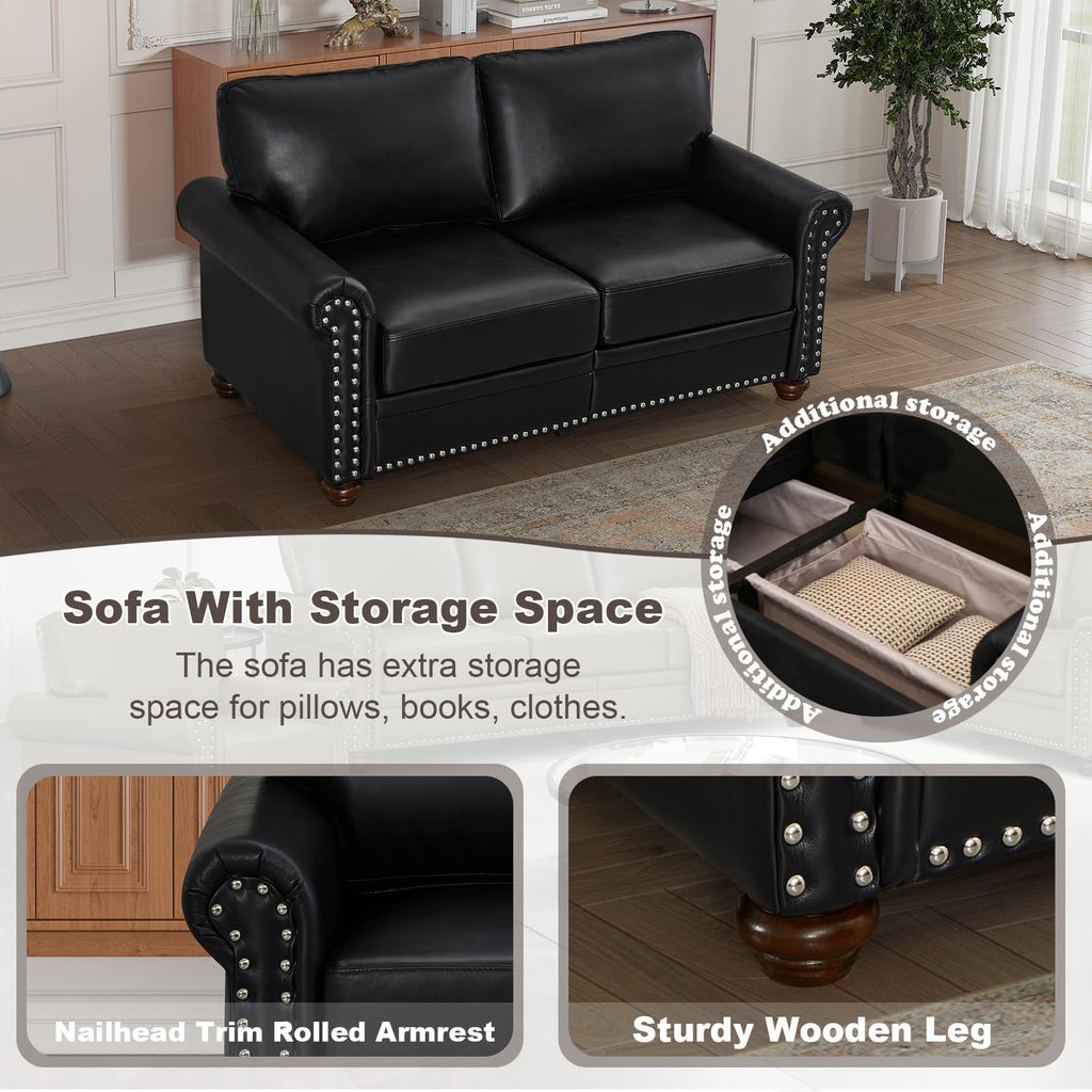 2 Piece Faux Leather Sofa Set,Modern Couch and Loveseat Sets with Storage,Mid Century Couch with Rivet Rolled Arm,Comfy Deep Seat Sofa,Furniture for Living Room,Office(Loveseat+3 Seater,Navy)