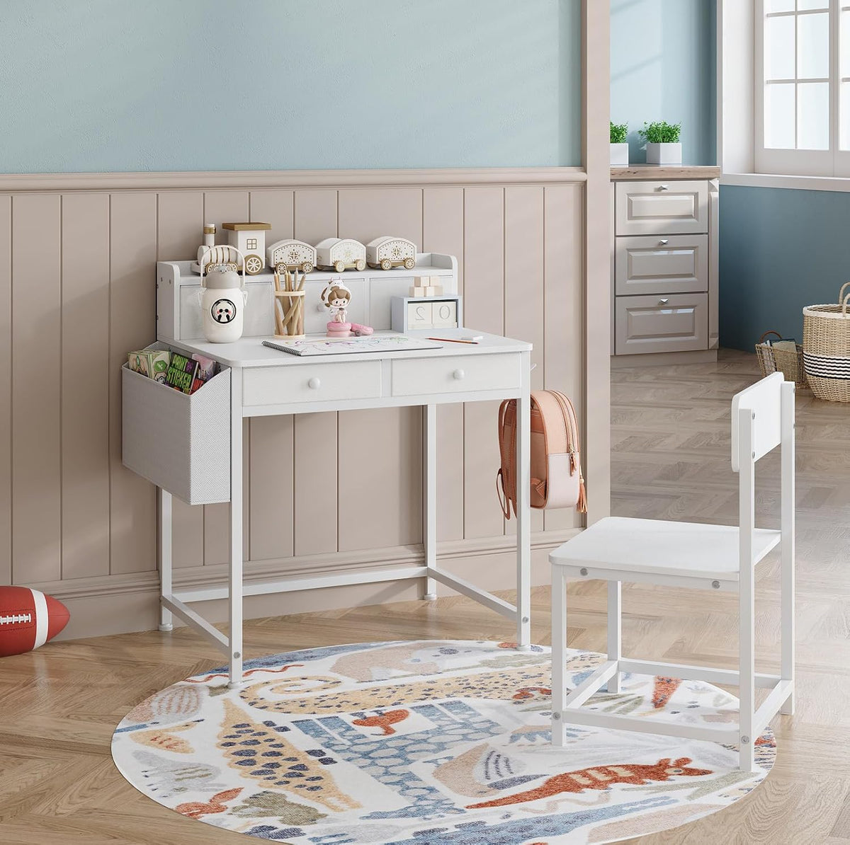 Kids Desk and Chair Set with 5 Fabrics Drawers, Ages 5-8, White