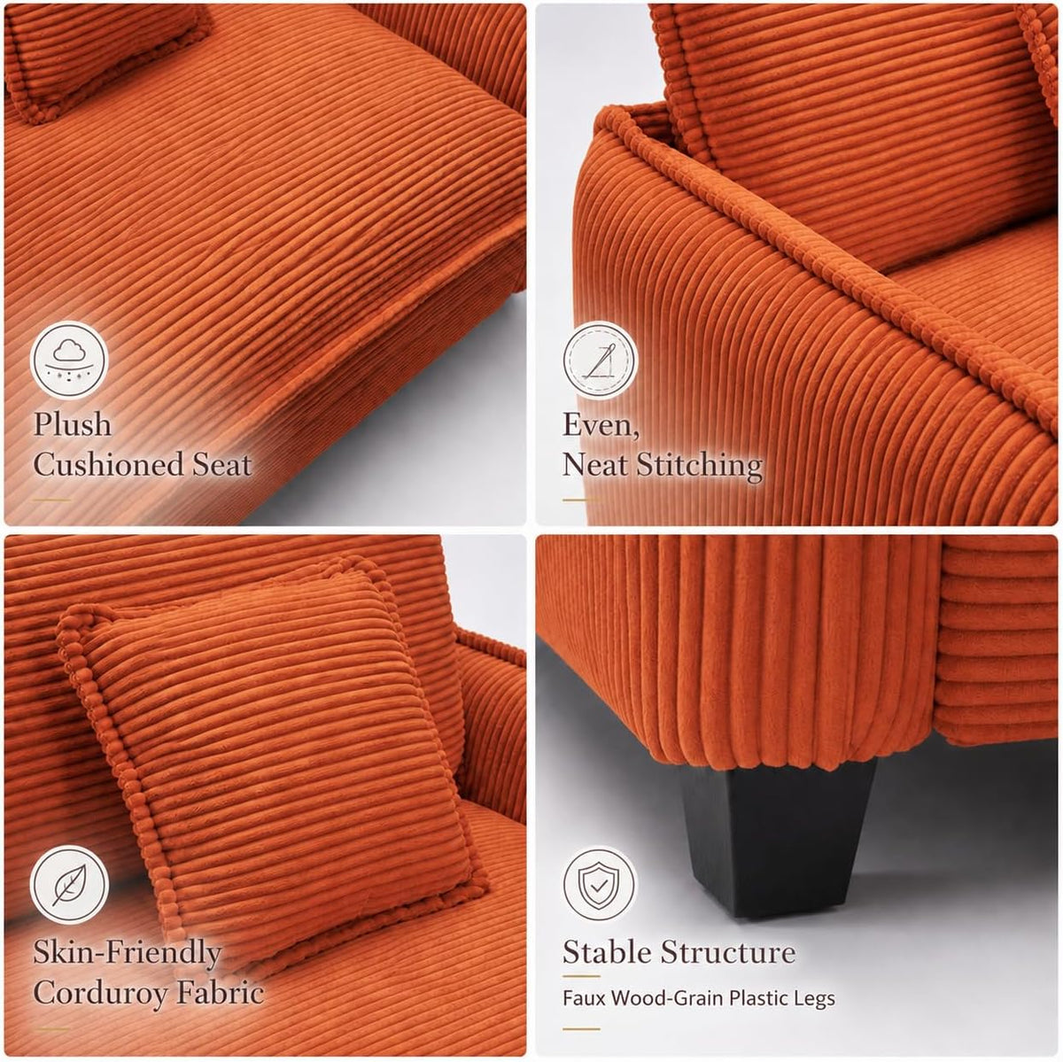 Oversized Chair with Ottoman, Corduroy Reading Chair with Footrest, Comfy Accent Armchair for Living Room Bedroom, Single Sofa Lounge Chair, 350 lbs (Orange)