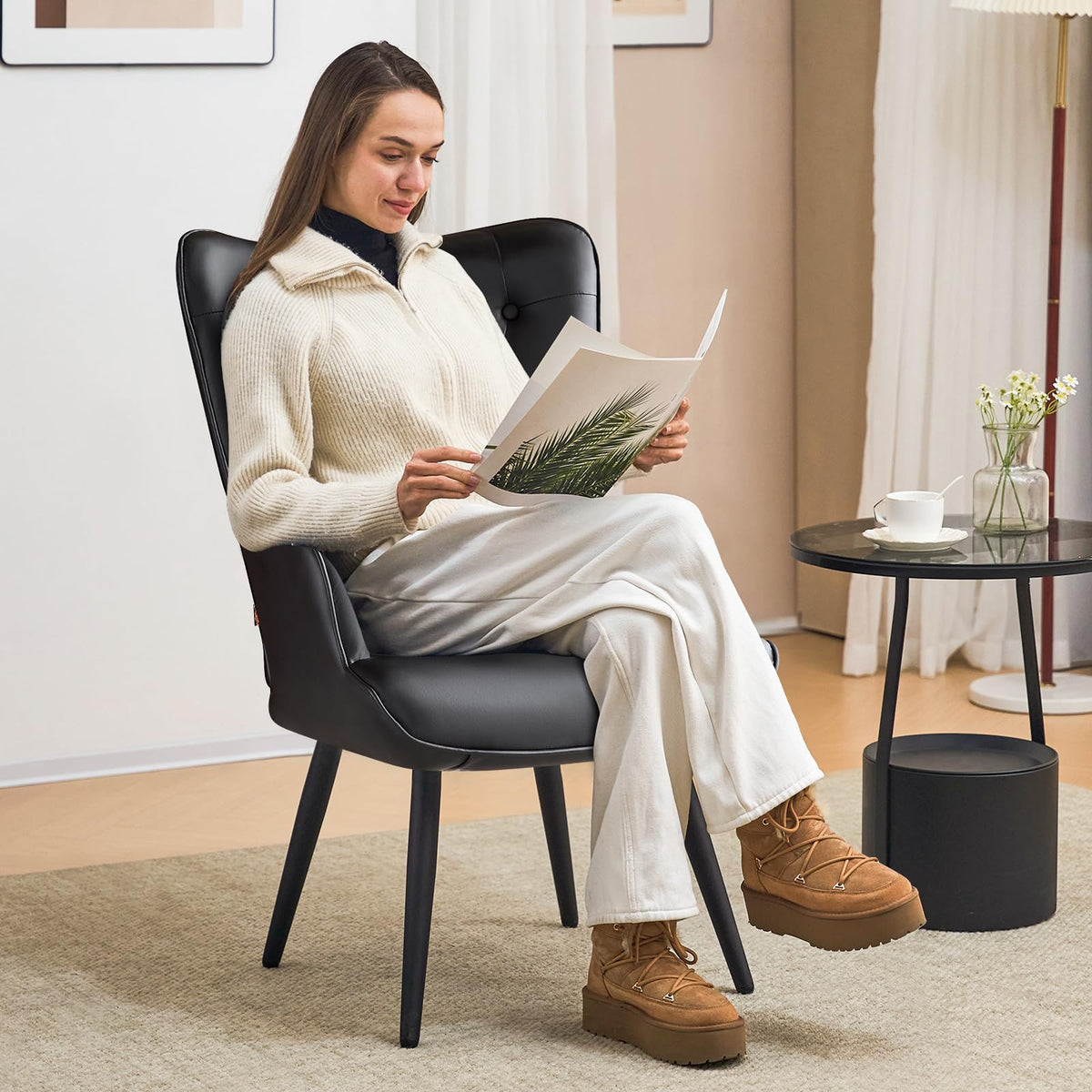 Furniliving PU Leather Accent Chair for Living Room, Upholstered Reading Chair with High Backrest, Tufted-Button Wingback Armchair for Bedroom, Dressing Room, Home Office, Brown, Set of 2
