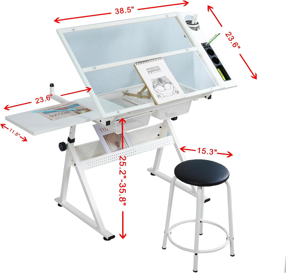 Drafting Table Adjustable for Artists - Art Drawing Desk with Storage for Painting Sketching - Glass Top for Painters Illustrators Cartoonists White