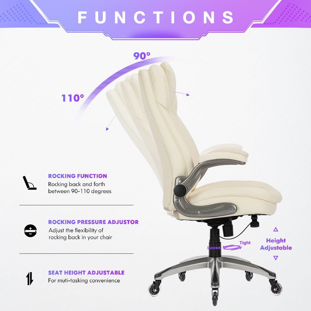 COLAMY High Back Executive Office Chairs, Ergonomic PU Leather Desk Chairs with Flip-Up Armrests, Adjustable Height, Lumbar Support, Comfortable Computer Chairs for Home Office, Set of 2