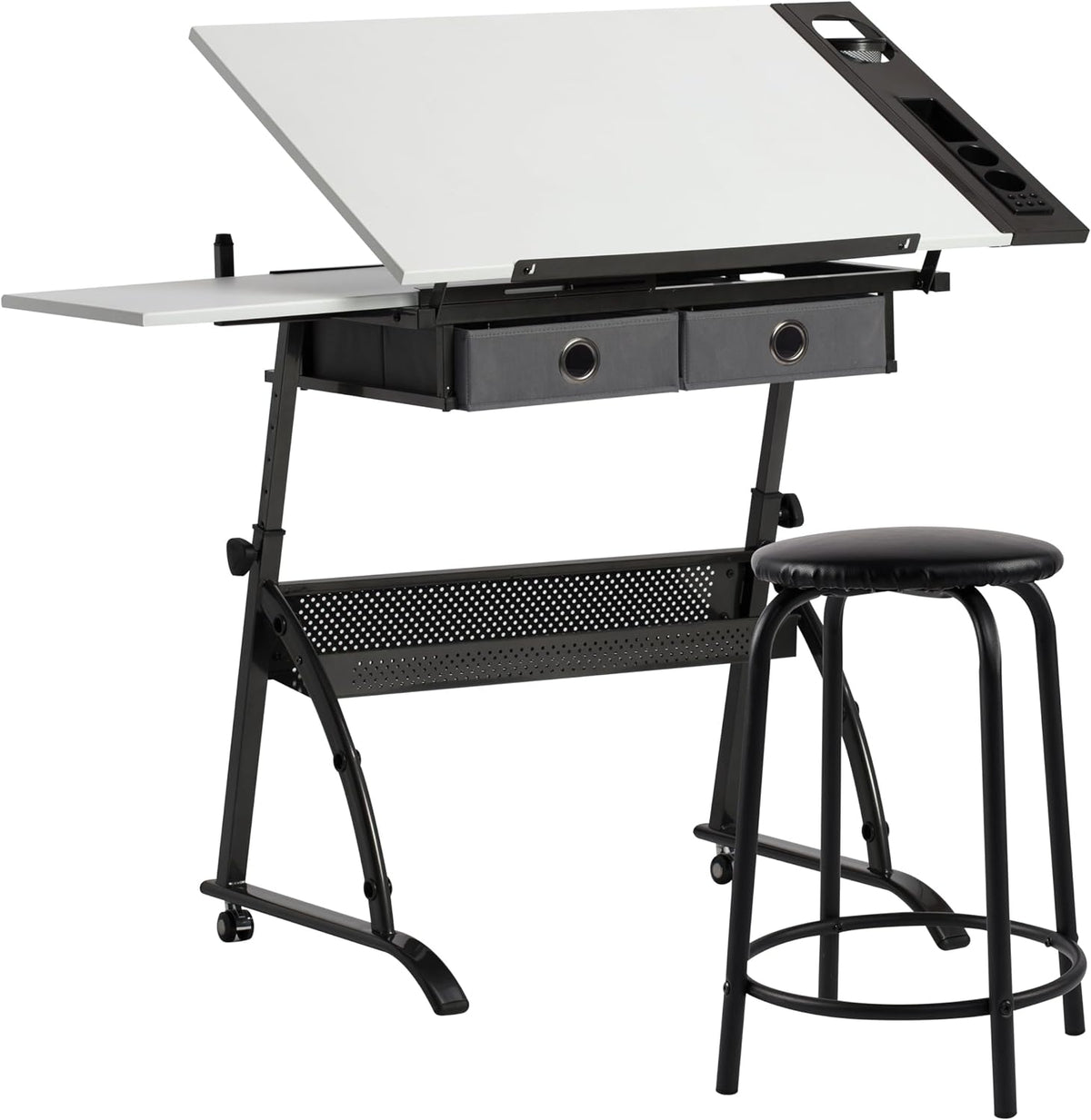 SD Studio Designs Core 2 Pc Craft Center - 35.5" W Angle Adjustable Drafting Table with Cloth Drawers, Side Shelf and Stool