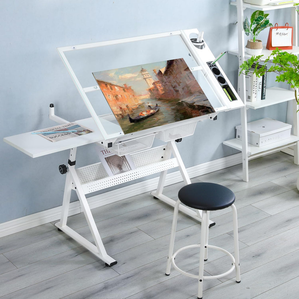 Drafting Table Adjustable for Artists - Art Drawing Desk with Storage for Painting Sketching - Glass Top for Painters Illustrators Cartoonists White