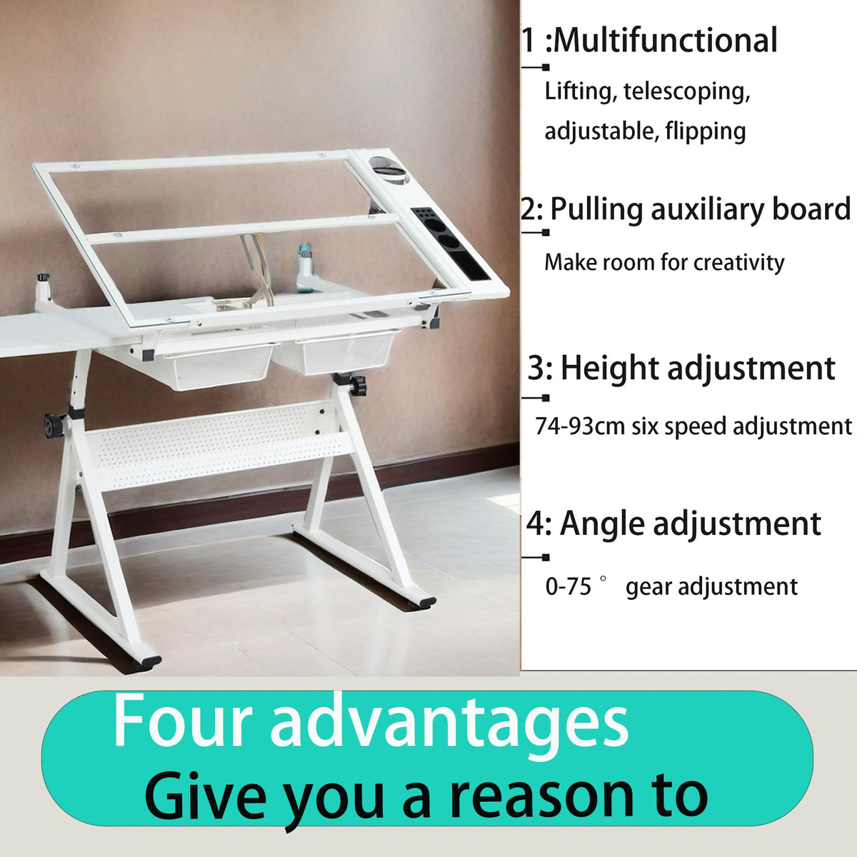 Donfafecuer Adjustable Drafting Table for Adults Professional Art Table 2 Storage Drawers Height Adjustable Home Office Reading Painting Tempered Glass Top Modern Black Design
