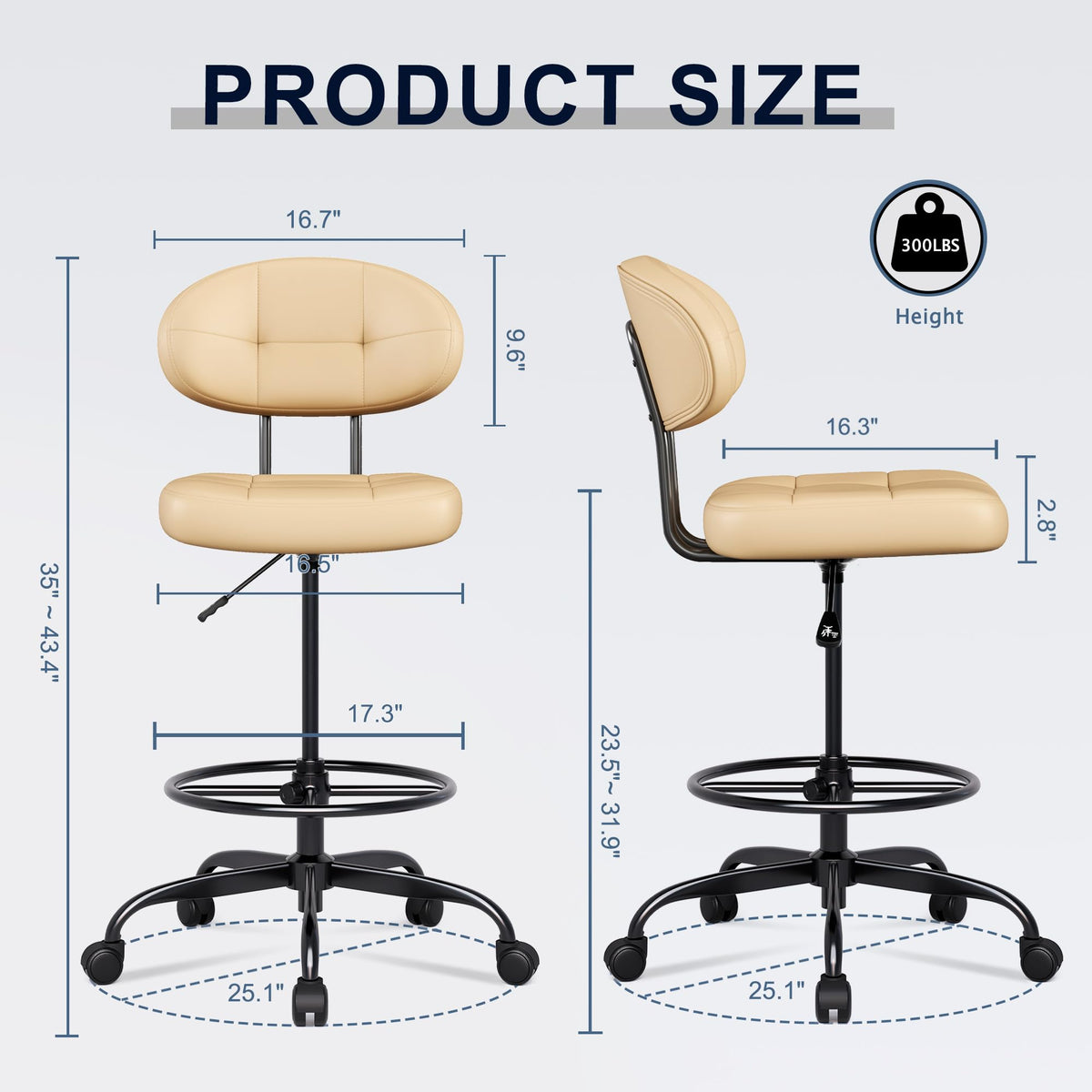 Misolant Drafting Chair, Armless Tall Office Chair with Footrest Ring for Standing Desk, Small Faux Leather Executive Computer Chair with Adjustable Height for Bar Lab Counter Height Desk, Green