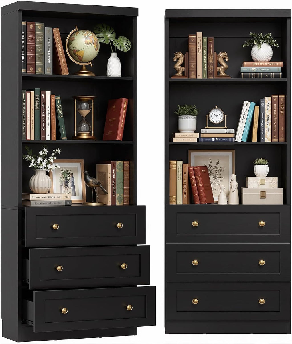 Cyclysio 80" Bookshelf with 3 Drawers and Baseboard Cutout, Set of 2