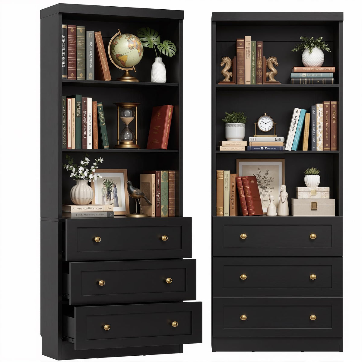 Cyclysio 80" Bookshelf with 3 Drawers and Baseboard Cutout, Set of 2