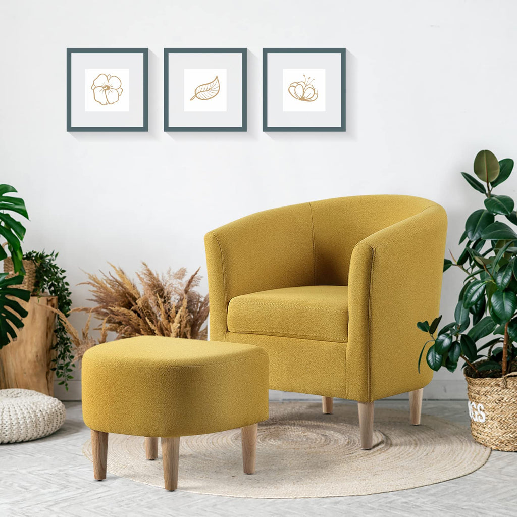 DAZONE Accent Chair with Ottoman, Modern Comfy Armchair Upholstered Barrel Club Chair and Footrest Set, Fabric Tub Arm Chairs for Living Room Bedroom Small Spaces Apartment Office, Set of 2, Gray