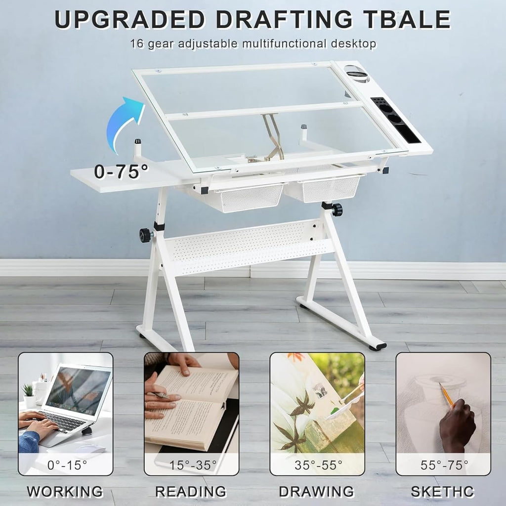 Drafting Table, Adjustable Height Drawing Table Art Table Painting Table Art Craft Desk with 0-75Â° Tilting Glass Tabletop and Storage Drawers, Black