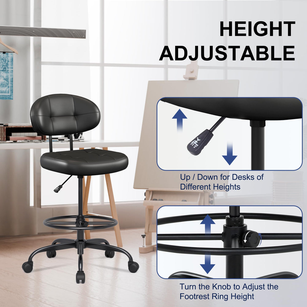 Misolant Drafting Chair, Armless Tall Office Chair with Footrest Ring for Standing Desk, Small Faux Leather Executive Computer Chair with Adjustable Height for Bar Lab Counter Height Desk, Green