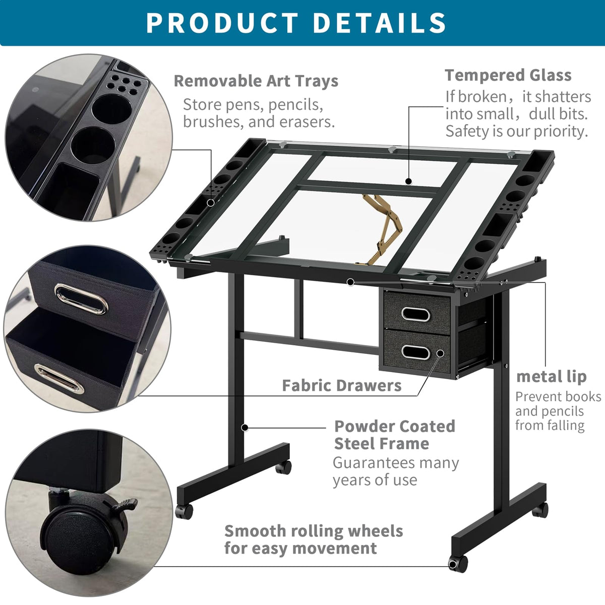 Drafting Table, Adjustable Height Drawing Table Art Table Painting Table Art Craft Desk with 0-75Â° Tilting Glass Tabletop and Storage Drawers, Black