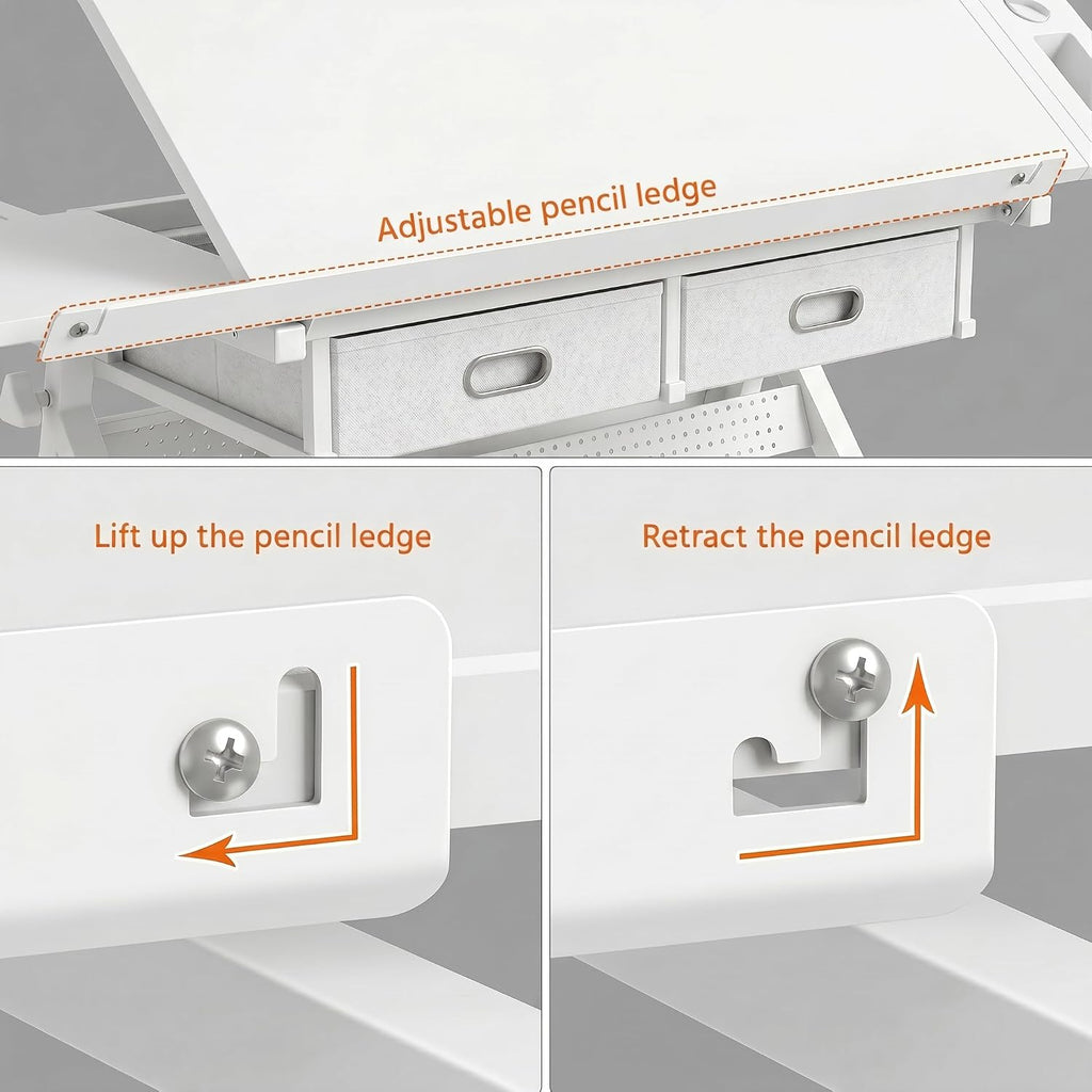 Height Adjustable Drafting Table with Stool, Drawing Art Desk with 2 Drawers, Artist Table with 75Â° Tilted Tabletop, Sketching Painting Artwork Station for Home Office School Reading, Crafting, White