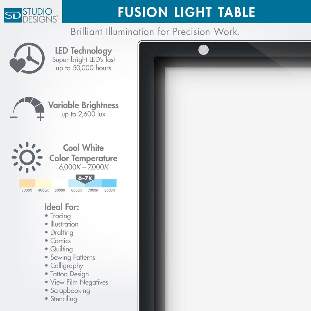 Studio Designs Fusion Drafting Table with Integrated LED Light Pad, Height & Angle Adjustable Tempered Glass Light Table, Artograph Light Pad, Storage Drawers & Side Shelf