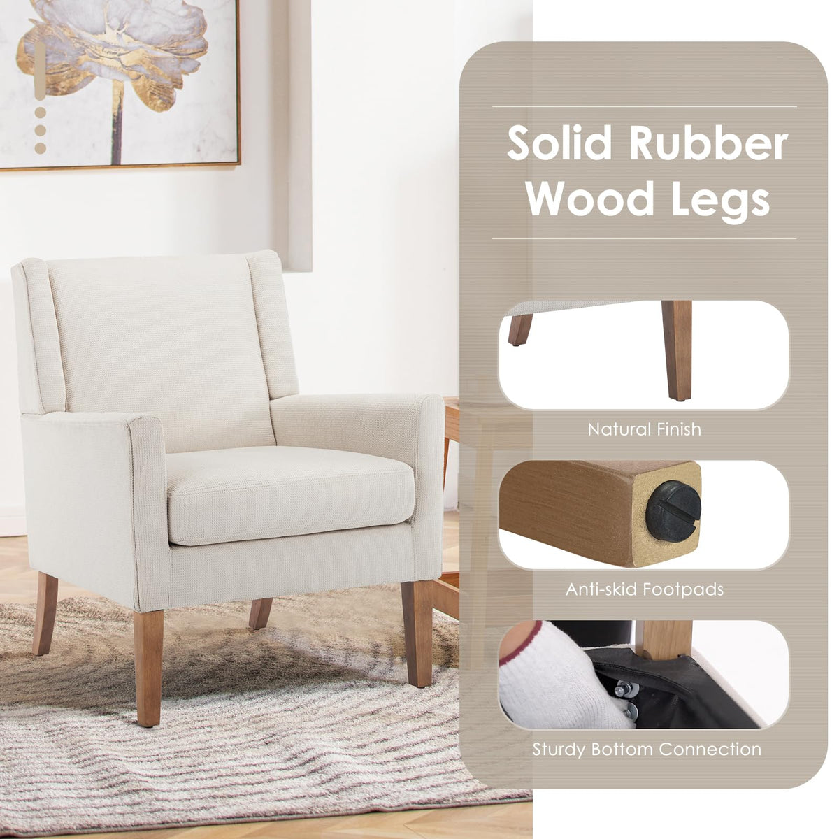 COLAMY Modern Wingback Living Room Chair, Upholstered Fabric Accent Armchair, Single Sofa Chair with Lounge Seat and Wood Legs for Office/Bedroom/Reading Spaces, Beige
