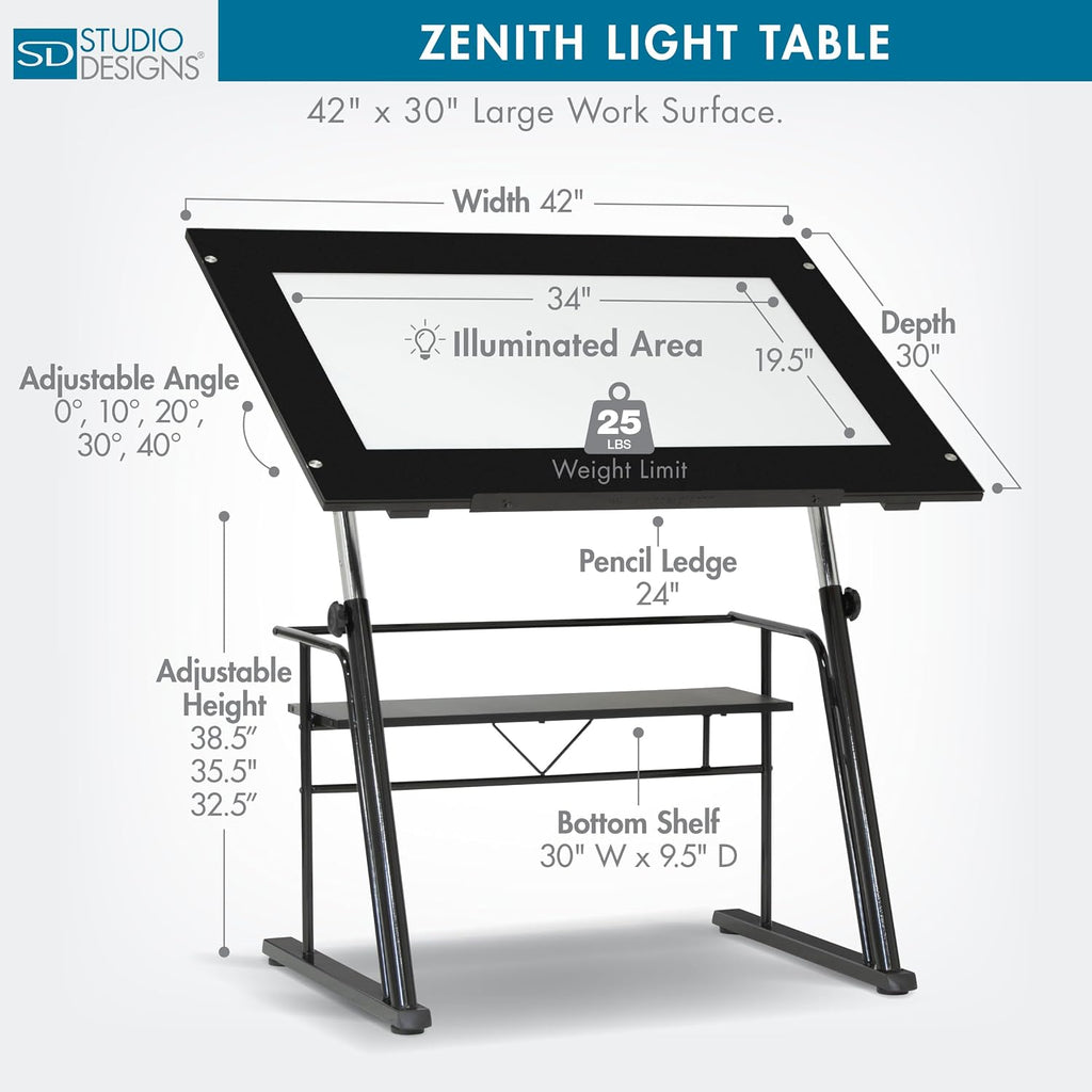 Studio Designs Zenith Drafting Light Table with Built-in ArtographÂ® LED Light Pad, Adjustable Height & Angle Glass Drafting Desk, Modern Artist Workstation for Drawing, Tracing, Drafting & Design