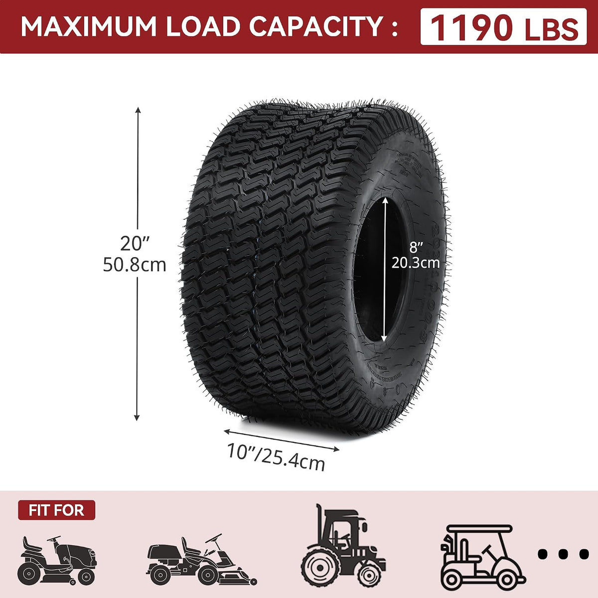 YITAMOTOR 20x10.00-8 Lawn Mower Tires, 4 Ply Tubeless Tractor Turf Tire